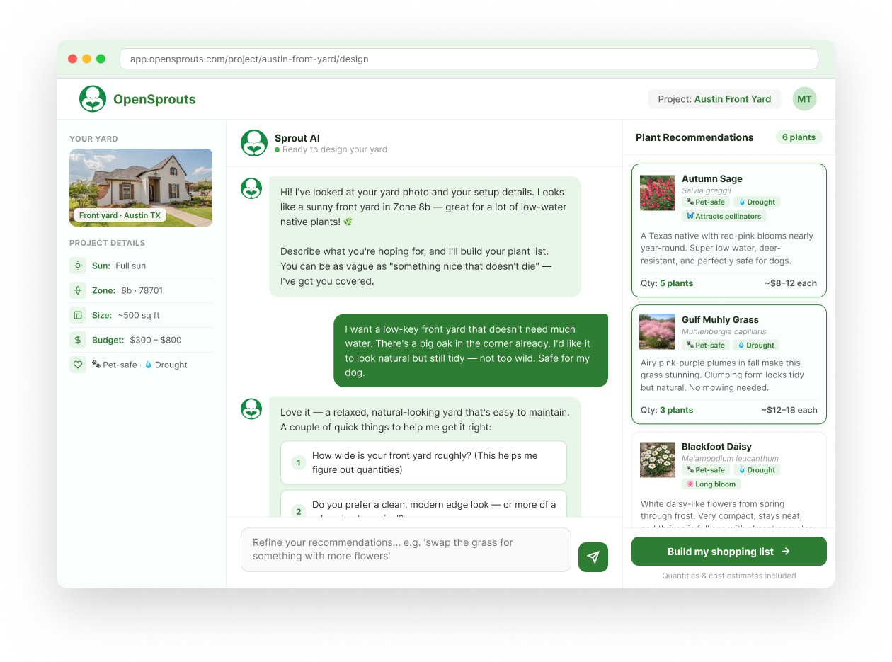 OpenSprouts app — pick your design style and browse plant recommendations